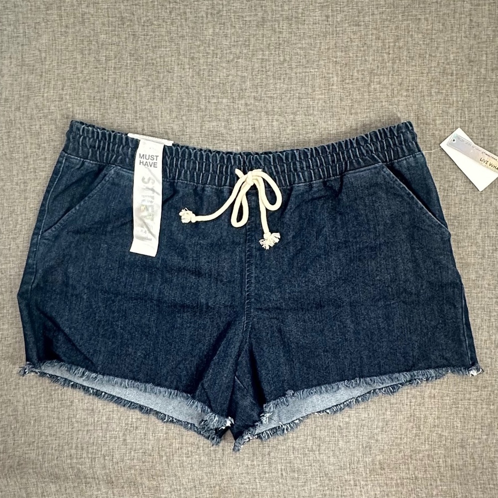 NEW! Tinseltown Booty Mini Shorts XL Fringe Blue Jean Drawstring Elastic waist